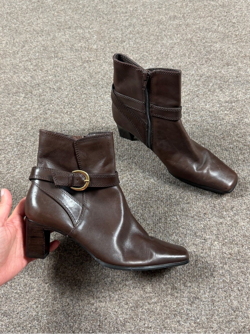 Vintage Anne Klein Brown Leather Block Heel Buckle Ankle Boot Women’s 6 90s Y2K